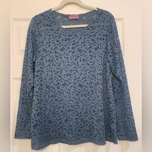 Rag Doll Laced Spandex Blend Long Sleeve Aqua Marine 2X Blouse.       2580